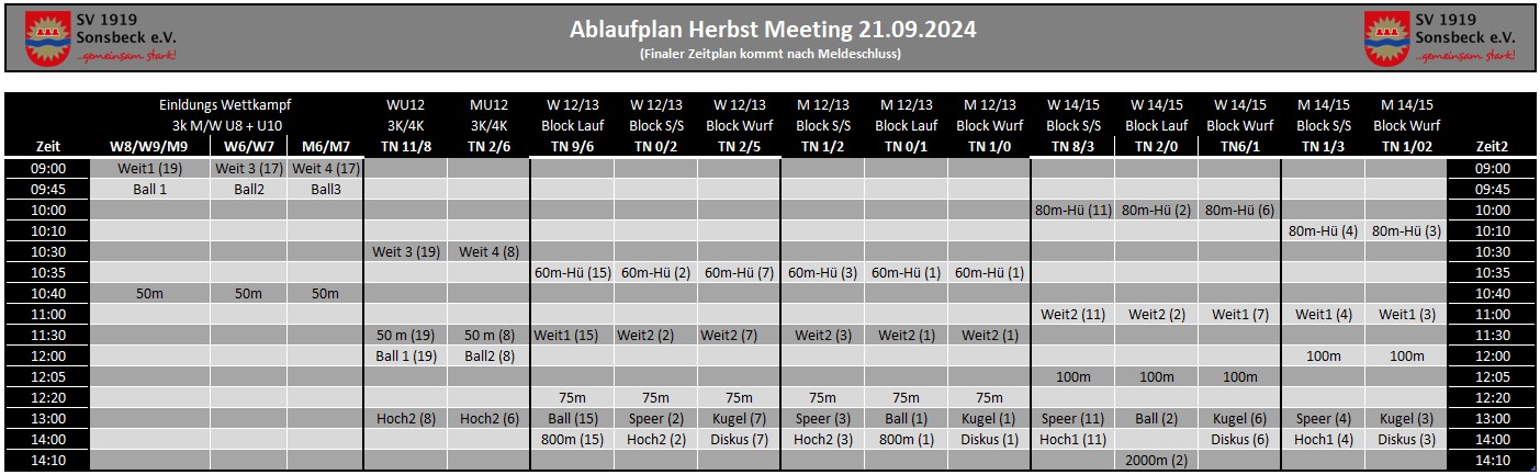 Zeitplan Herbestmeeting 21-09-2024